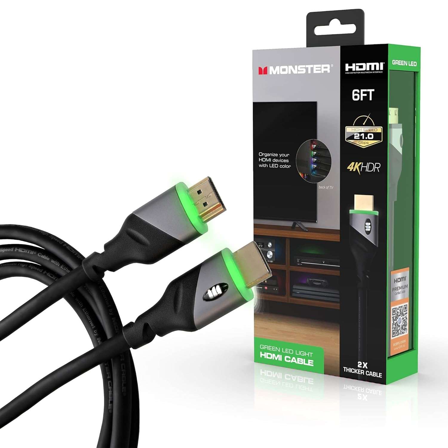 Cabo HDMI Monster 4K HDR 1.8m com LED Verde: Velocidade e Cores Incríveis para seus Jogos e Filmes!