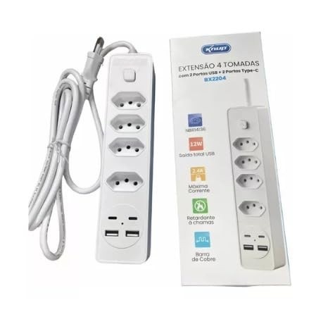 Filtro de Linha Premium: 4 Tomadas, 2 USB-A, 2 USB-C, Cabo 2m Bivolt - Organize e Carregue Tudo!