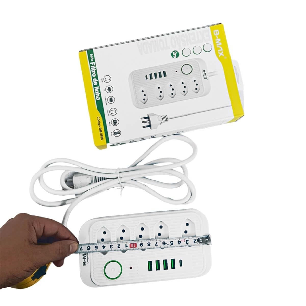 Régua de Tomada com Filtro de Linha B-Max: 5 Tomadas + 4 USB + 1 USB-C (2m, Bivolt, Branco)