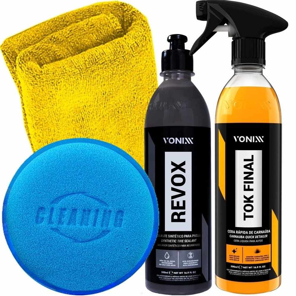 Kit Essencial Vonixx: Tok Final 500ml, Revox 500ml e Acessórios Karbox para Detalhamento Automotivo