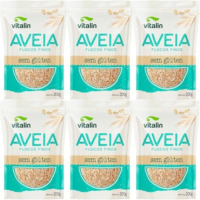 Kit com 6 Pouchs de Aveia em Flocos Finos Integral sem Glúten de 200g cada - Vitalin