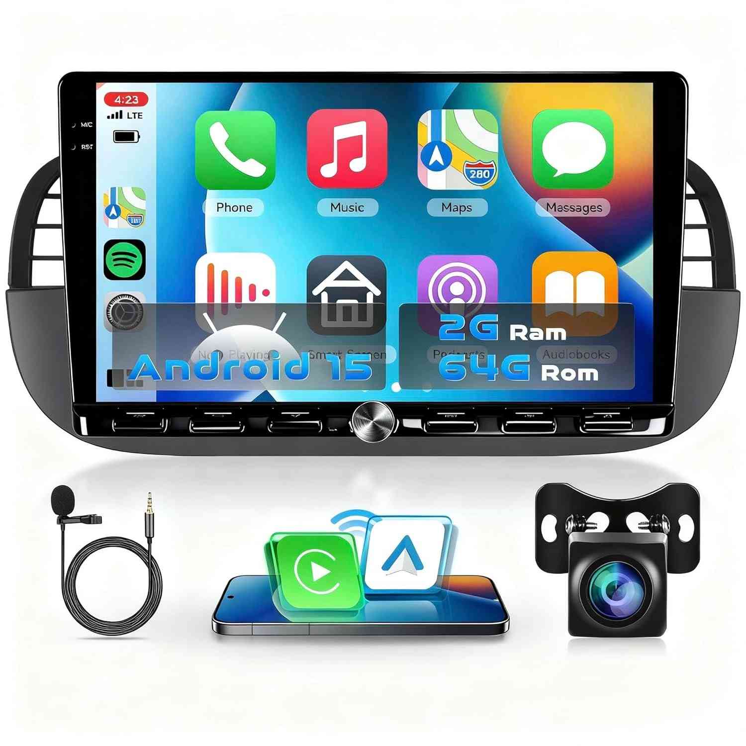Central Multimídia Fiat 500/500C 2007-2015: Android 13, Carplay Sem Fio, Tela 9" HD IPS