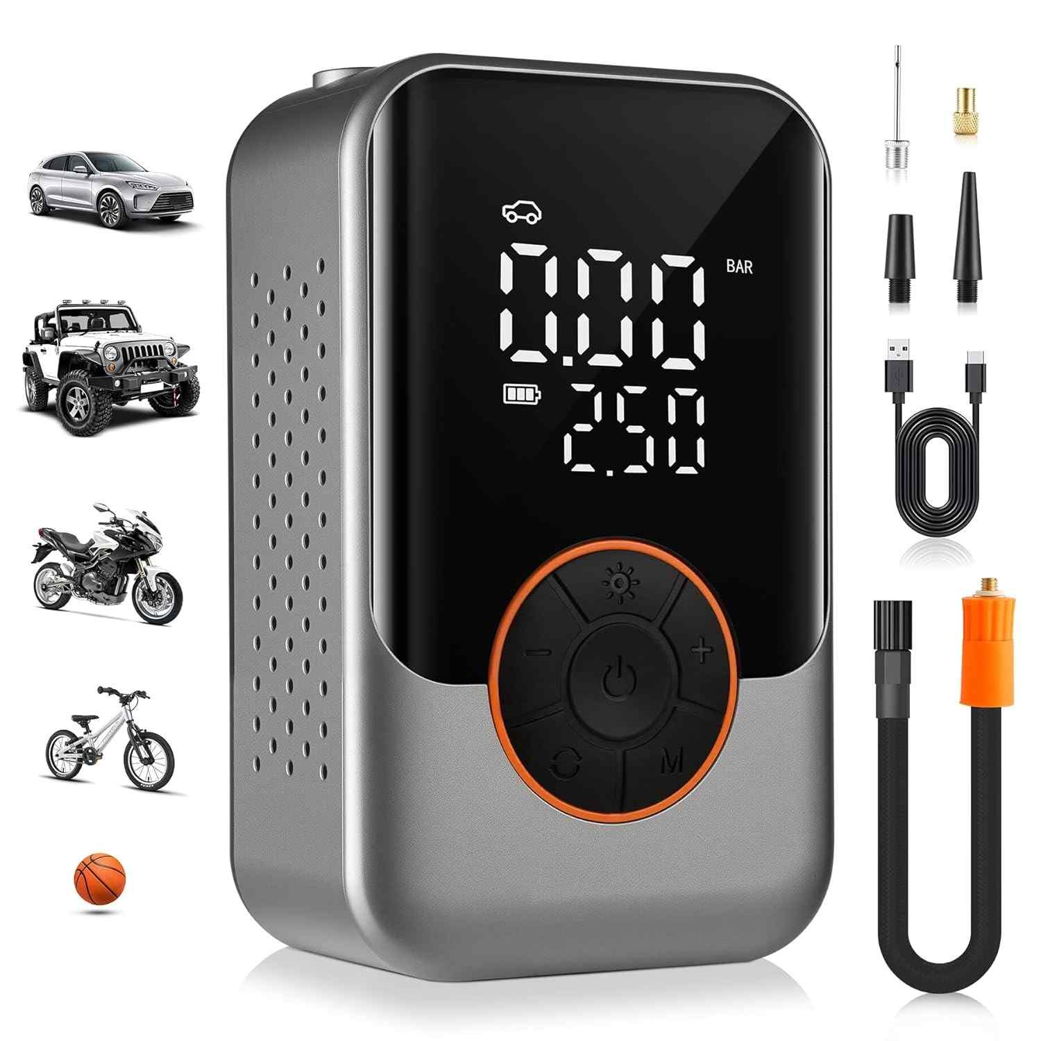 SINGARO Compressor de ar portátil sem fio, bomba de ar para pneus de carro de 150 PSI, mini bomba de bicicleta com luz LED, bombas de exibição digital para carro, motocicleta, bicicleta, bolas
