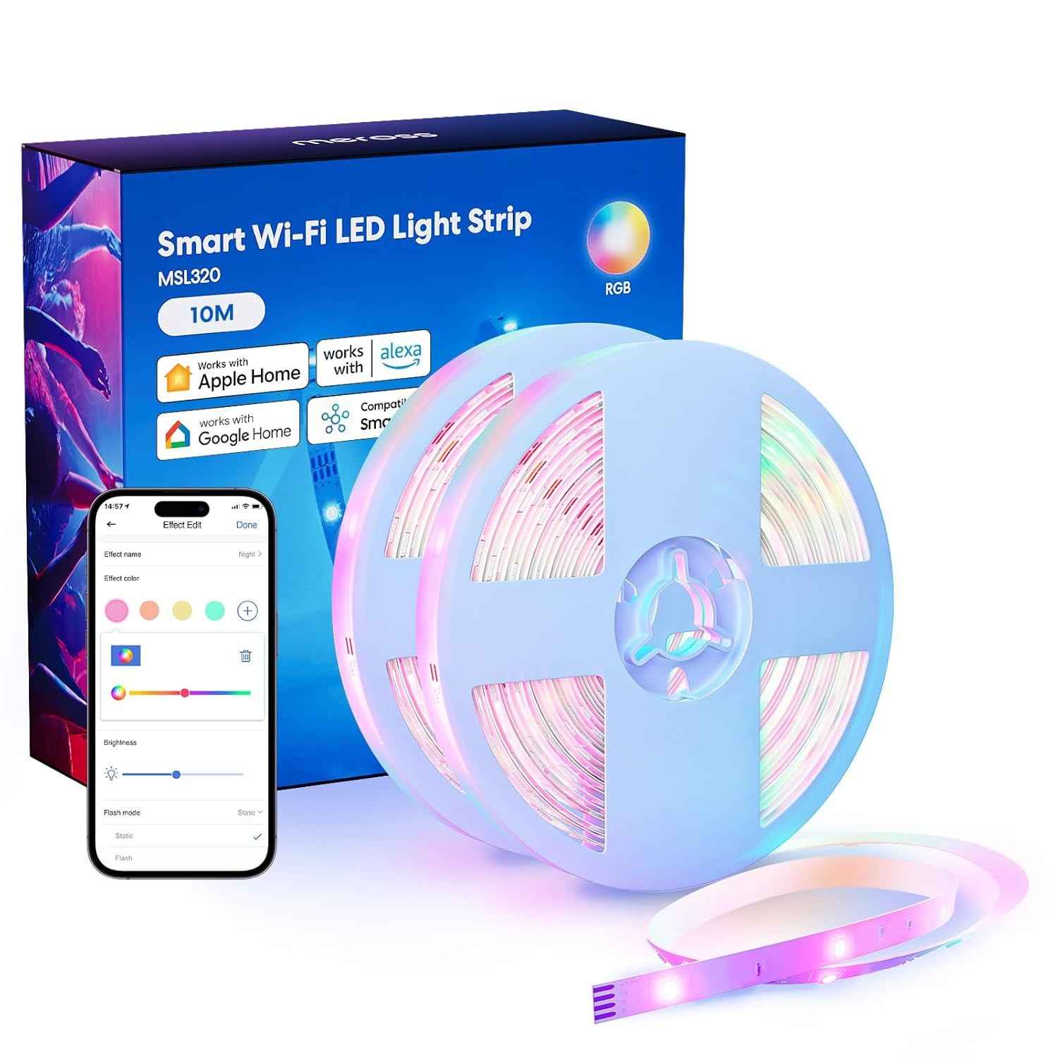 Fita de LED Inteligente Meross 10m RGB WiFi com Controle por App, Siri, Alexa e Google - Design com Revestimento Protetor