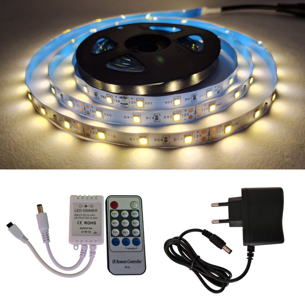 Fita LED Branco Quente 5m com Controle e Dimmer IR – Iluminação Moderna e Prática