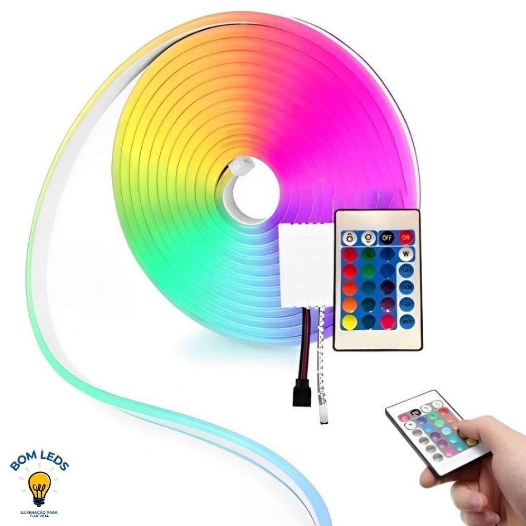 Fita LED Neon RGB 5m: Iluminação Potente, Flexível e à Prova d'Água com Controle Remoto