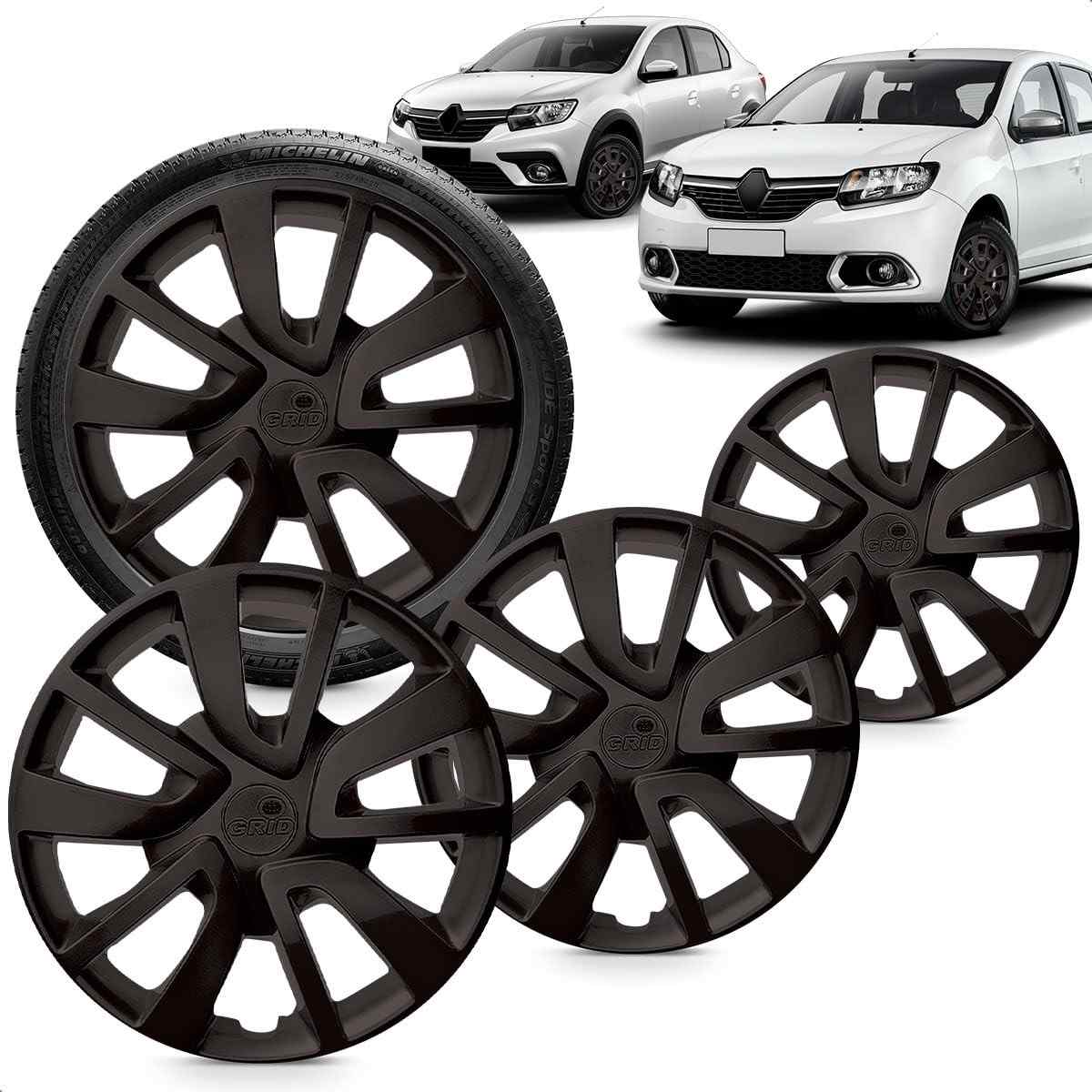 Kit 4 Calotas Sandero Logan Aro 15 Preto Fosco Grid - Design Moderno e Fixação Segura