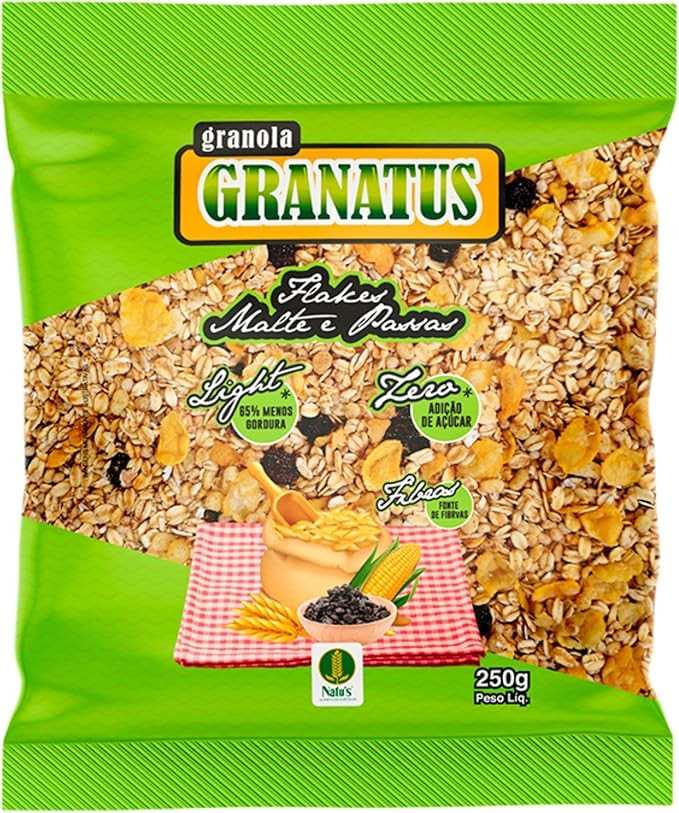 Natu's, Granola com Fibras, Flakes, Malte & Passas, Zero, Light, Granatus, 250 Gramas