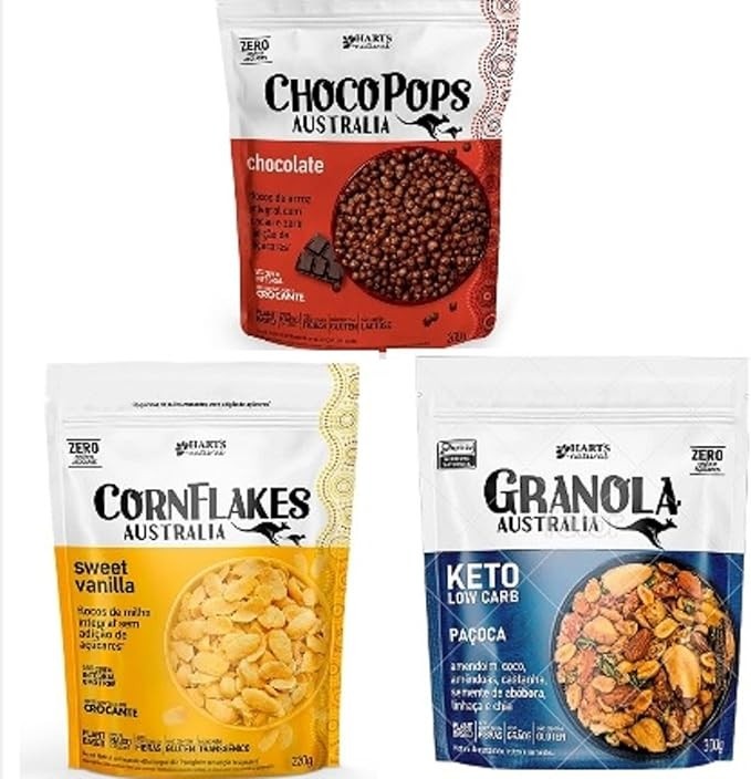Kit 03 Granola KETO Paçoca,ChocoPops Sabor Chocolate e Corn Flakes Sabor Sweet Vanilla