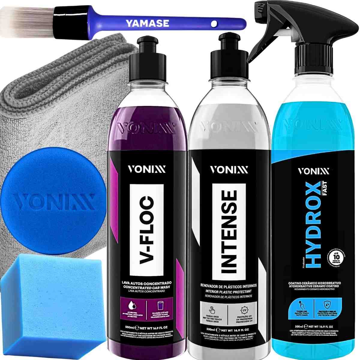 Kit Essencial Vonixx: Hydrox Fast Coating Cerâmico + V-Floc Shampoo + Intense Renovador Plástico Interno