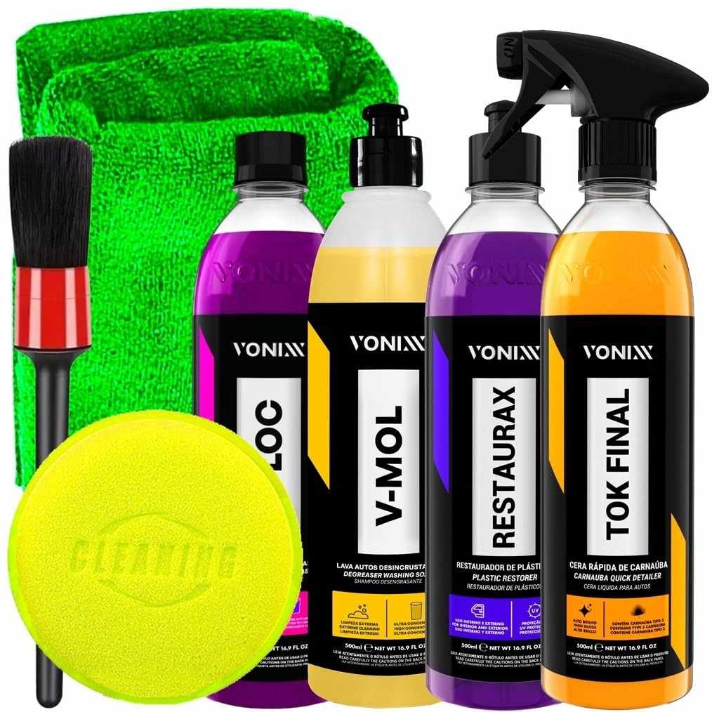 Kit Completo Vonixx: Tok Final, Restaurax, V-Floc, V-Mol e Acessórios Karbox para Detalhamento Automotivo