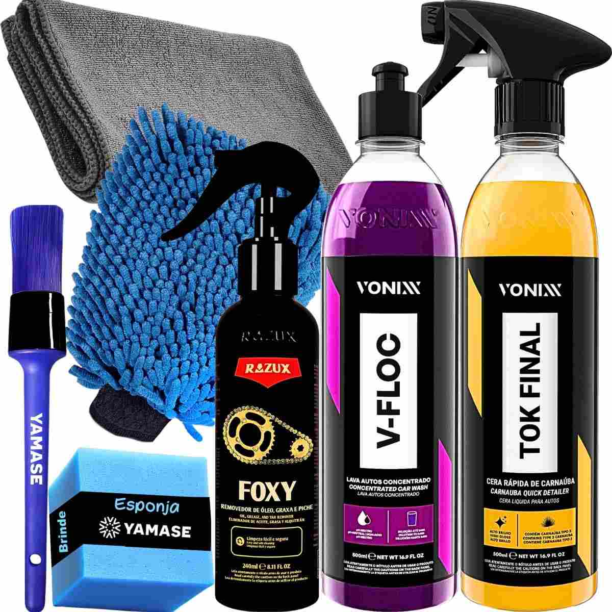 Kit Completo Lavagem e Brilho Moto: Shampoo V-Flock, Desengraxante Foxy e Cera Tok Final Vonixx + Acessórios