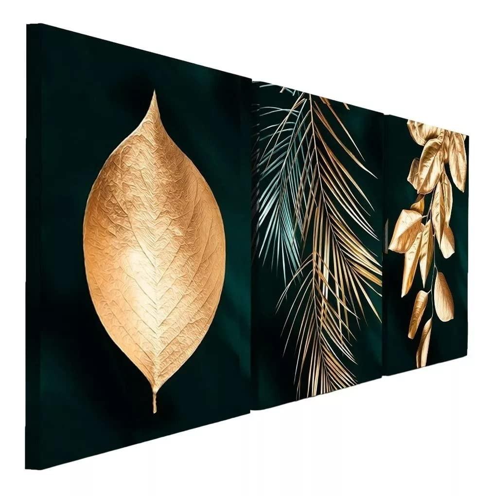 Kit 3 Quadros Decorativos Folhas e Floral Dourado Gold - Design Premium 40x60cm