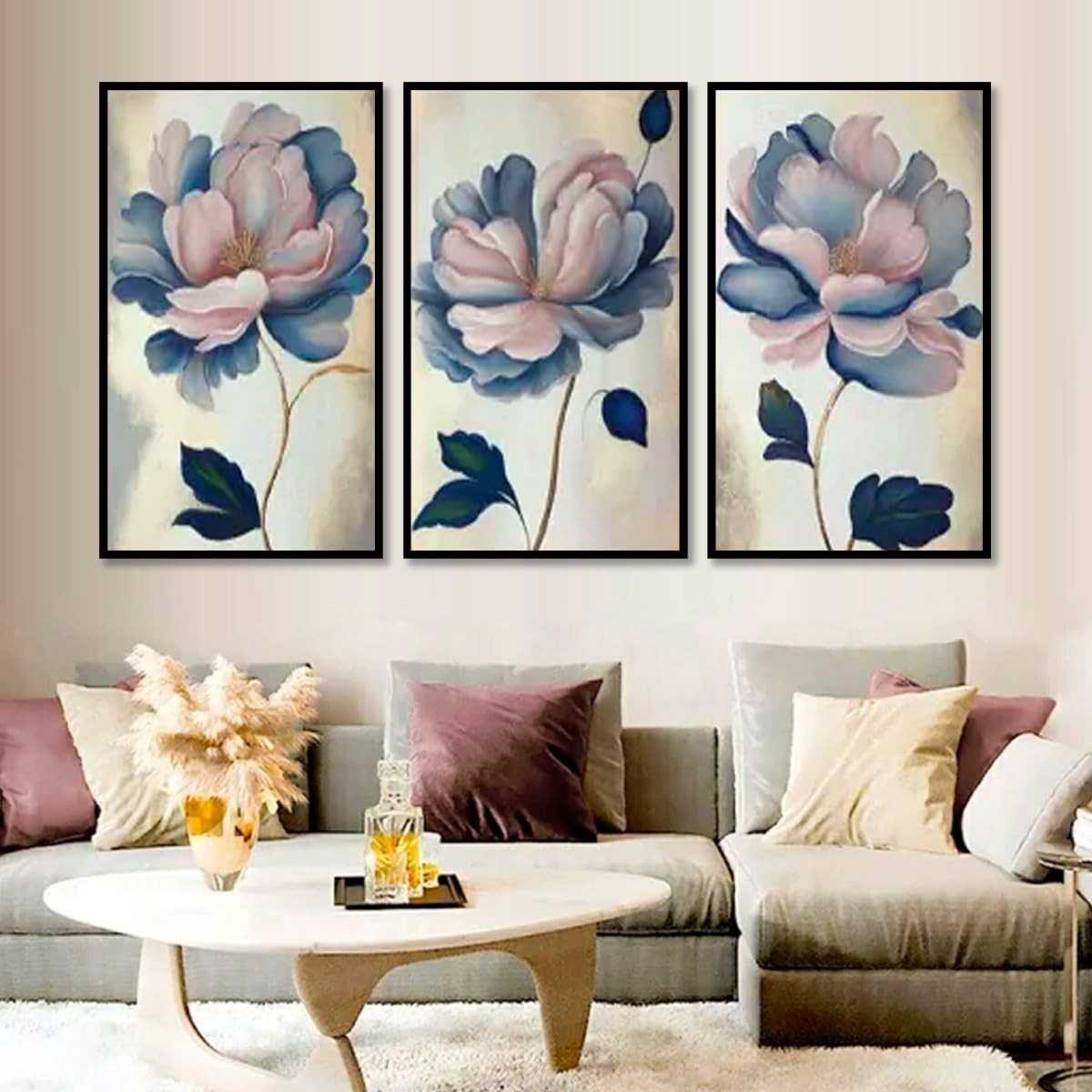 Kit com 3 Quadros Decorativos 30x50 cm Floral Moderno com Moldura - Ideal para Sala, Quarto e Hall