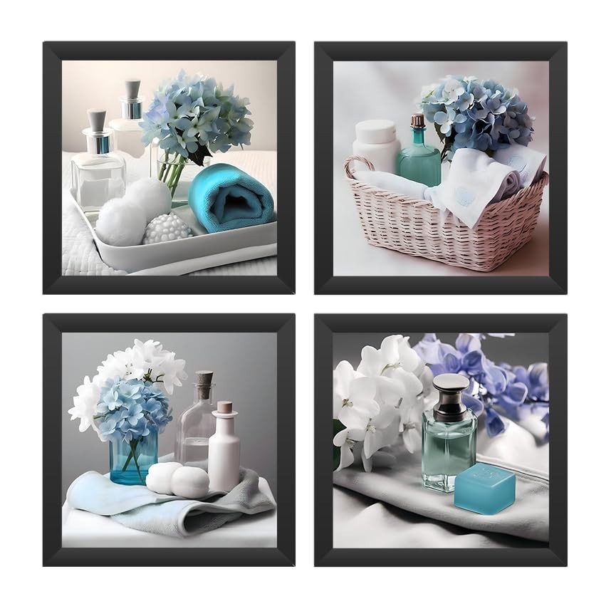 Kit 4 Quadros Decorativos 18x18 cm com Moldura e Vidro - Temática Floral para Banheiro e Lavabo (Preto)