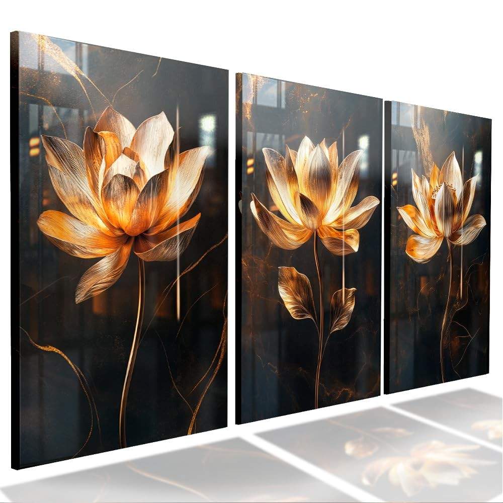 Kit 3 Quadros Decorativos Flores Tulipa Douradas - Design Premium para Sala e Quarto