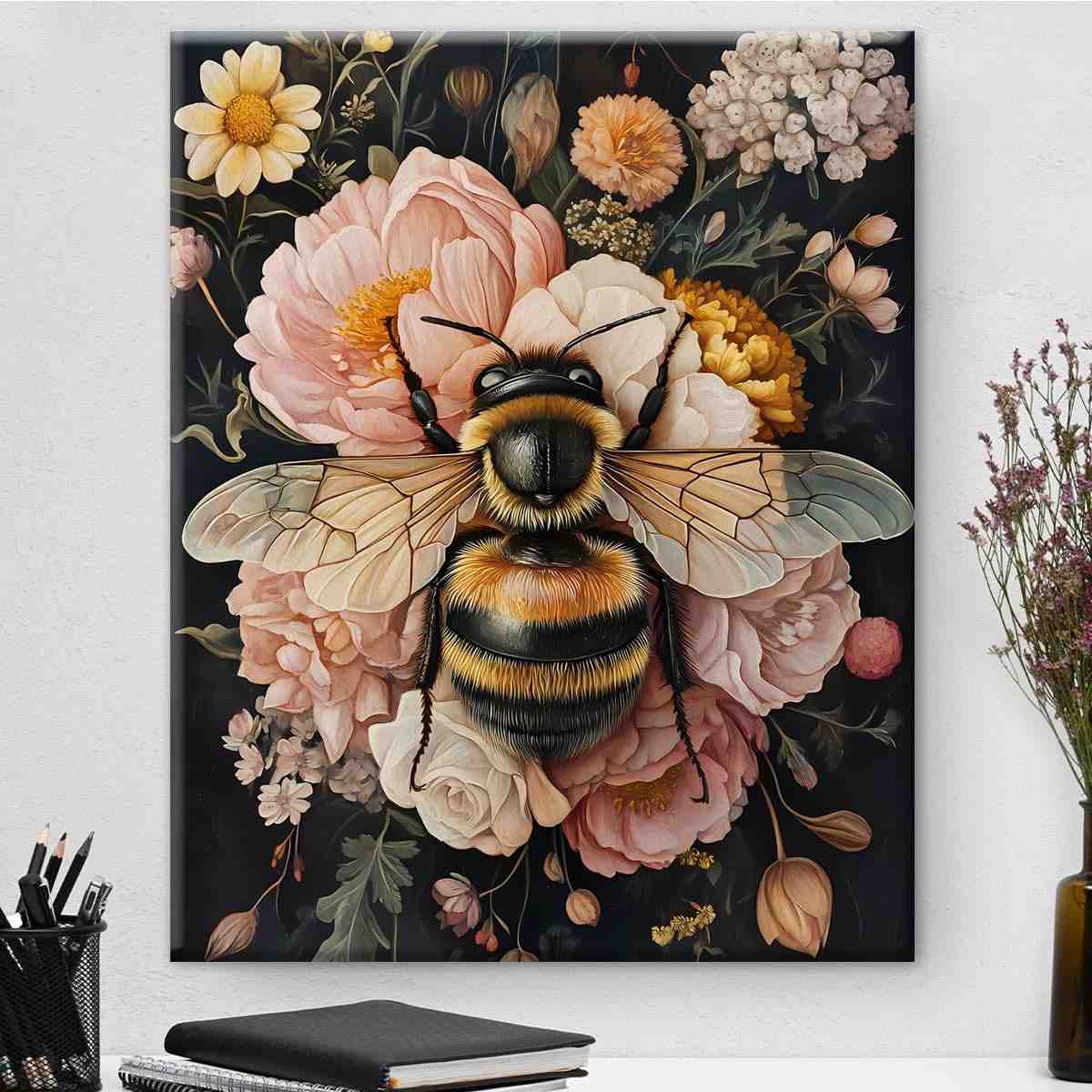 Quadro Decorativo Estético de Abelhas em Flores | Estilo Dark Academia 20x25cm