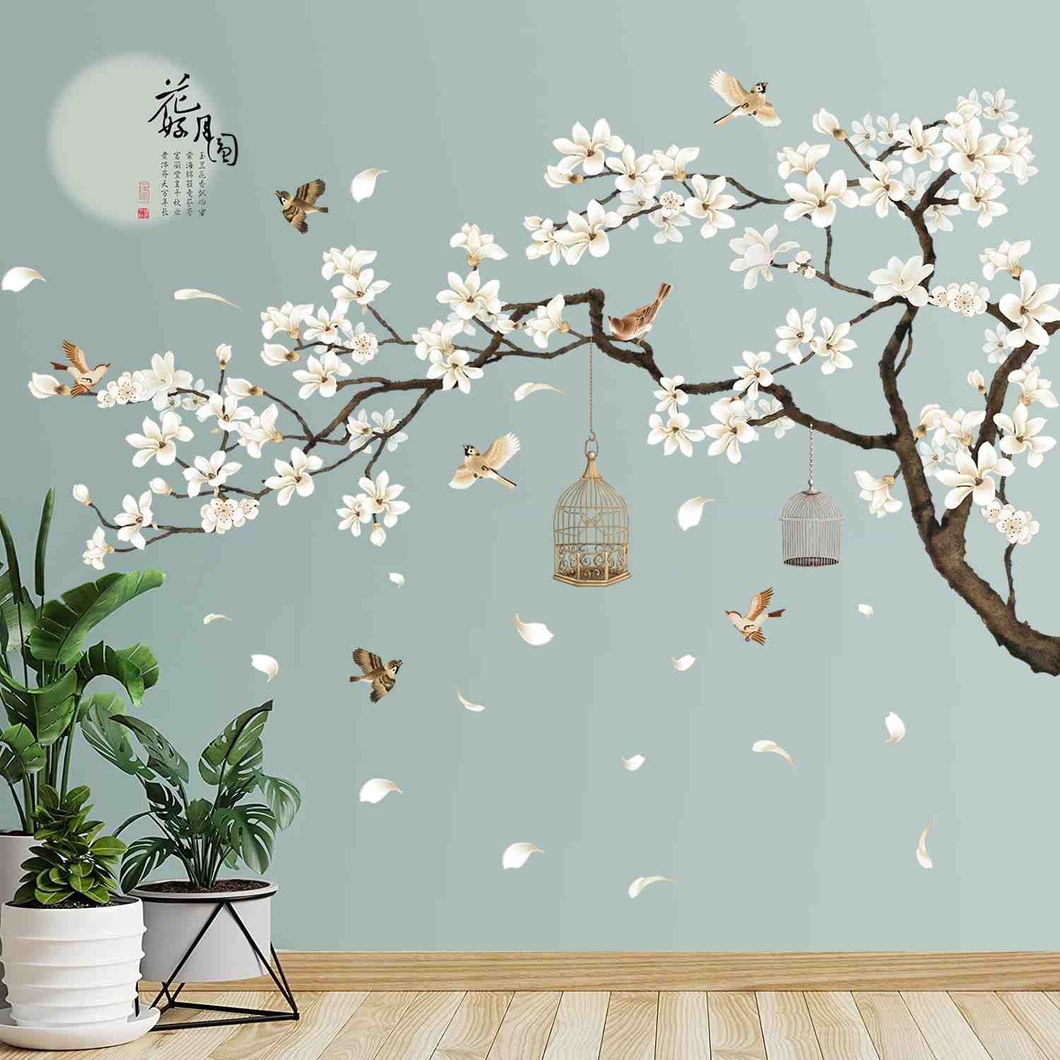 Adesivos de Parede Estilo Chinês com Flores de Pêssego Brancas – Decalques Removíveis para Quarto e Sala