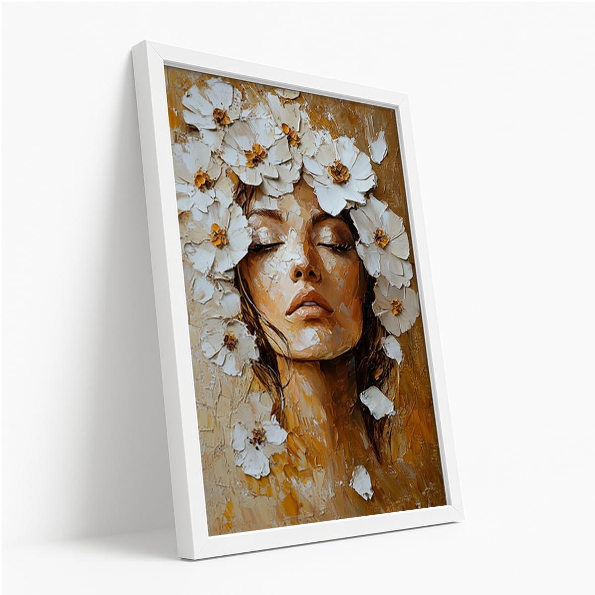 Quadro Decorativo Mulher Flores com Moldura - Arte Feminina Elegante e Moderna para Decoração de Quarto