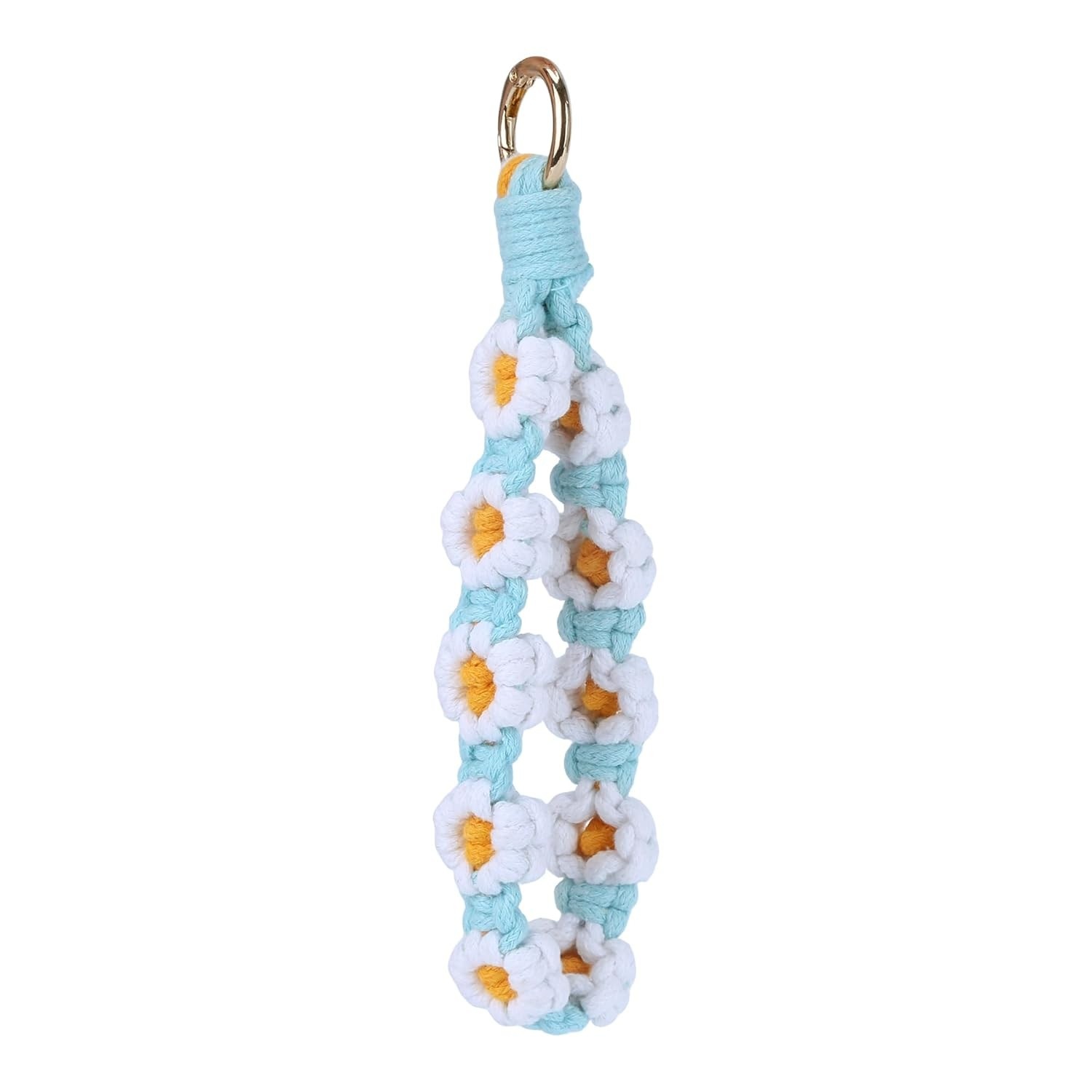 Chaveiro feminino boho macramê feito à mão com flores de crochê