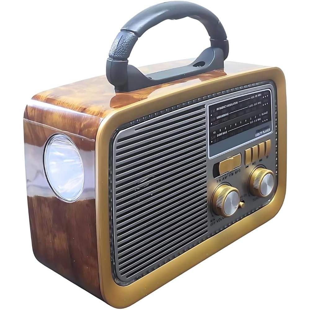 Rádio Retrô A-3188 Bluetooth USB SD Auxiliar AM FM SW Lanterna Bateria Recarregável Portátil (Marrom)