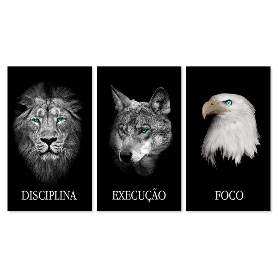 Kit 3 Quadros Decorativos Grandes com Moldura - Disciplina, Execução e Foco com Animais