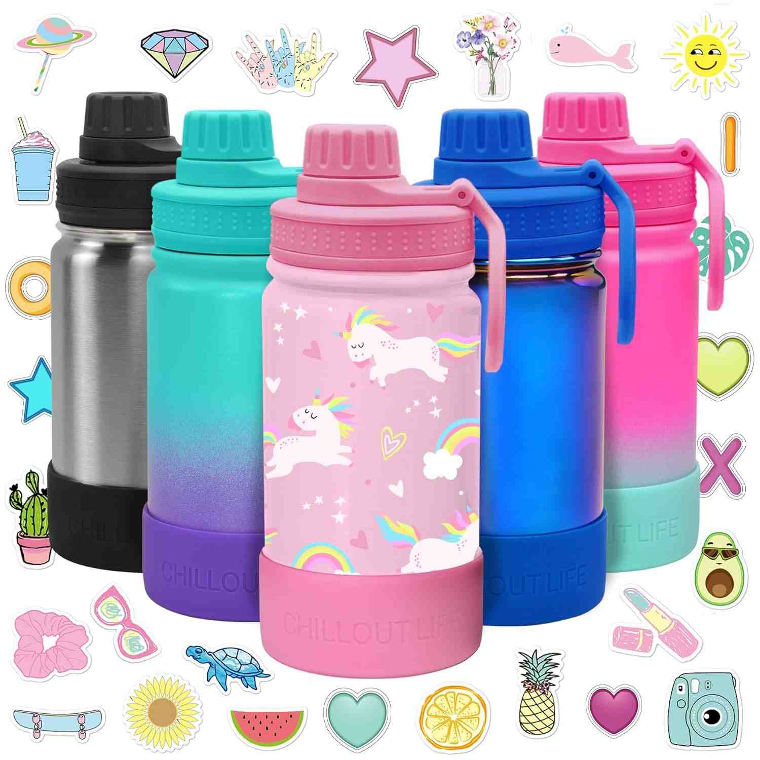 Garrafa Térmica Infantil Unicórnio Rosa 355ml - CHILLOUT LIFE com Tampa de Bico e Adesivos Fofos