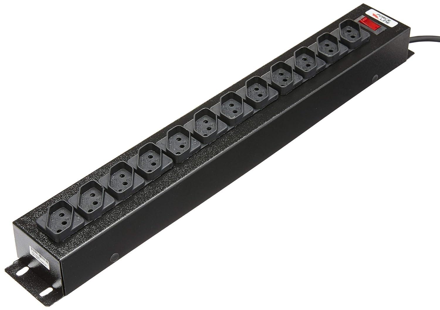 Régua Extensora Force Line 1,5m Bivolt com 12 Tomadas Tripolares para Rack - Preto