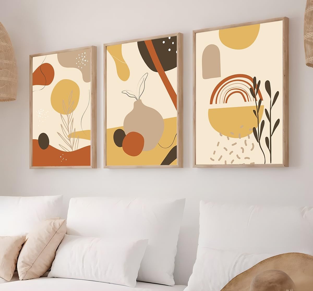 Kit 3 Quadros Plantas Minimalistas em Formato Moderno | Decore Sala e Quarto com Estilo Natural (60x40cm, Carvalho)