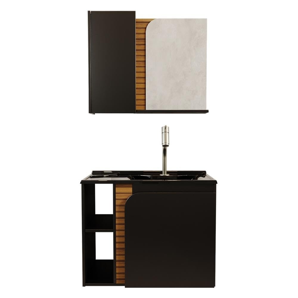 Gabinete de Banheiro Lotus com 2 Portas, Espelheira e Cuba em Preto Fosco com Acabamento Ripa 3D