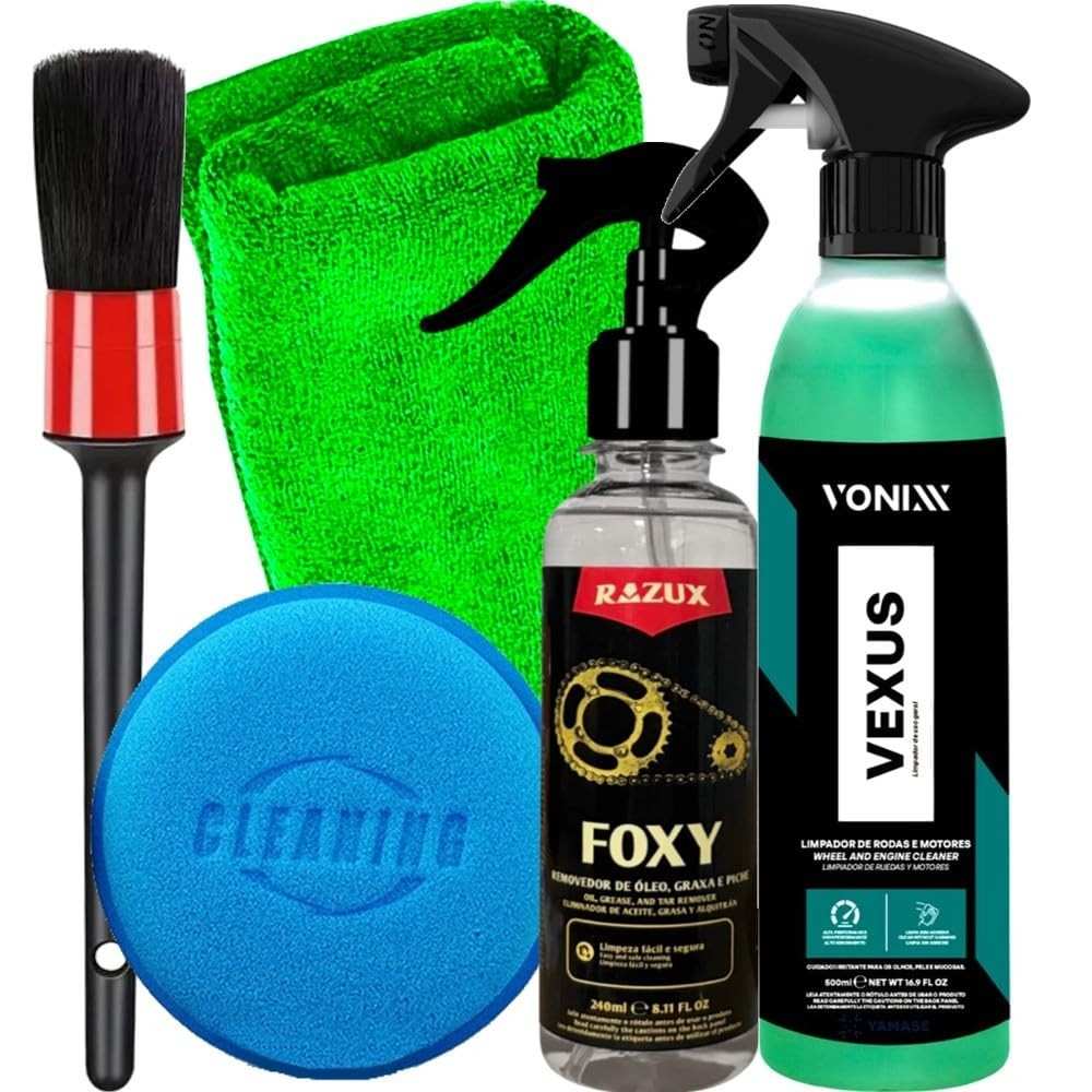 Kit Completo Limpeza Motor e Corrente Moto Vonixx + Foxy | Pincel, Toalha e Aplicador