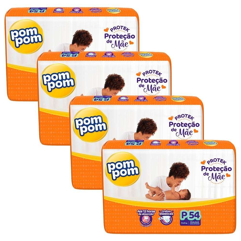 Fralda Pom Pom Mega P: Kit com 4 Pacotes +216 Un!