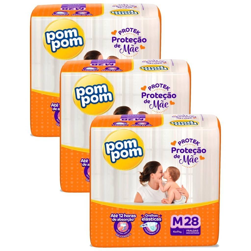 Fralda Pom Pom Protek Jumbo M: Kit 3x28 Unidades