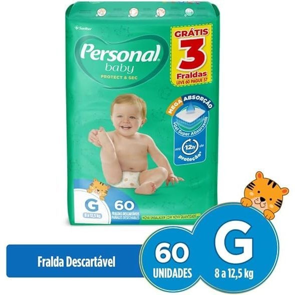 Fraldas Personal Baby G 60 Unidades: Proteção 12h e Respirável