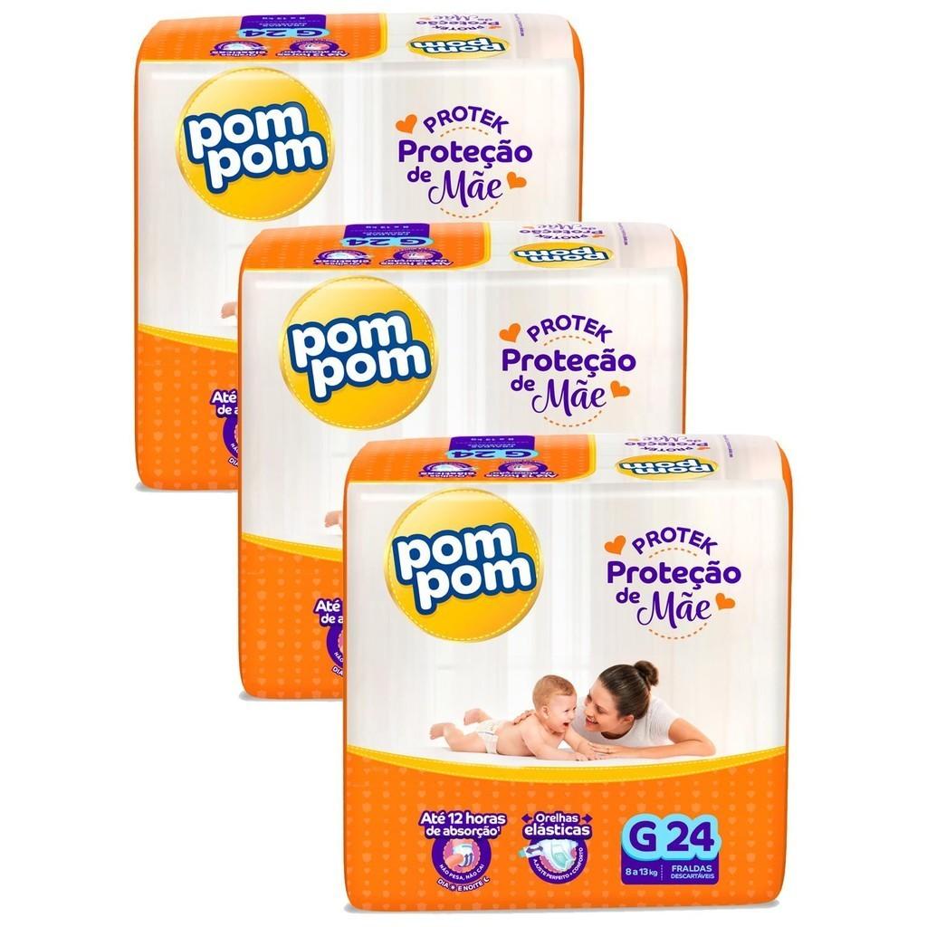 Fraldas Pom Pom Protek Jumbo G: Kit com 3 Pacotes de 24 Unidades