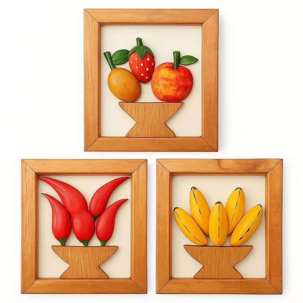 Kit 3 Quadros Acrílicos com Frutas e Pimentas | Decoração Artesanal para Cozinha e Área Gourmet