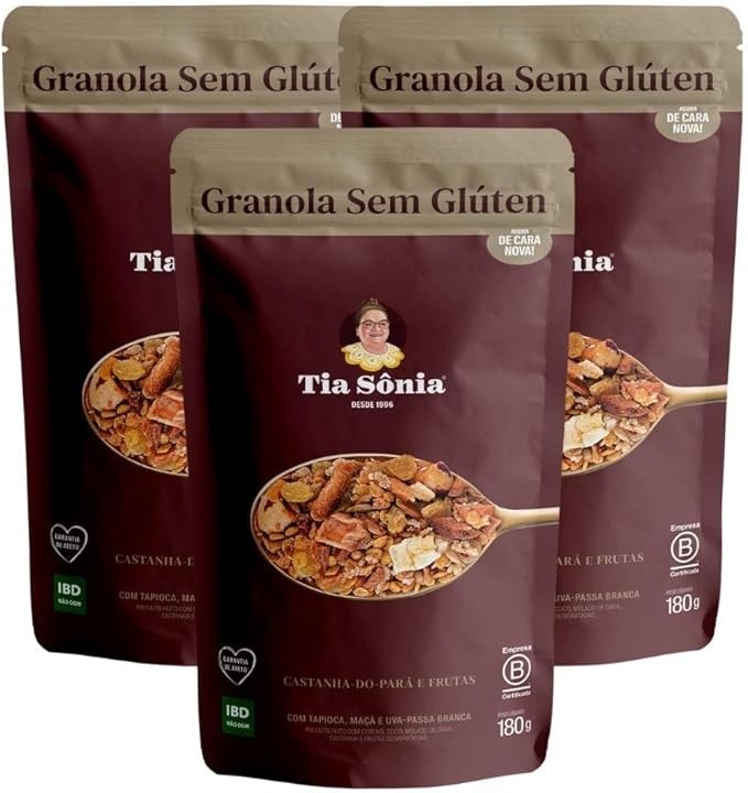 Kit 3 Granola Sem Glúten Vegano Castanha Frutas 180g cada Tia Sônia