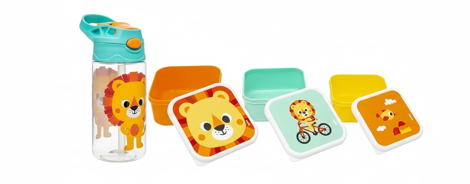 Kit Lanche Escolar Zoo Leão - Garrafa Tritan 450ml + 3 Potes para Frutas e Lanches