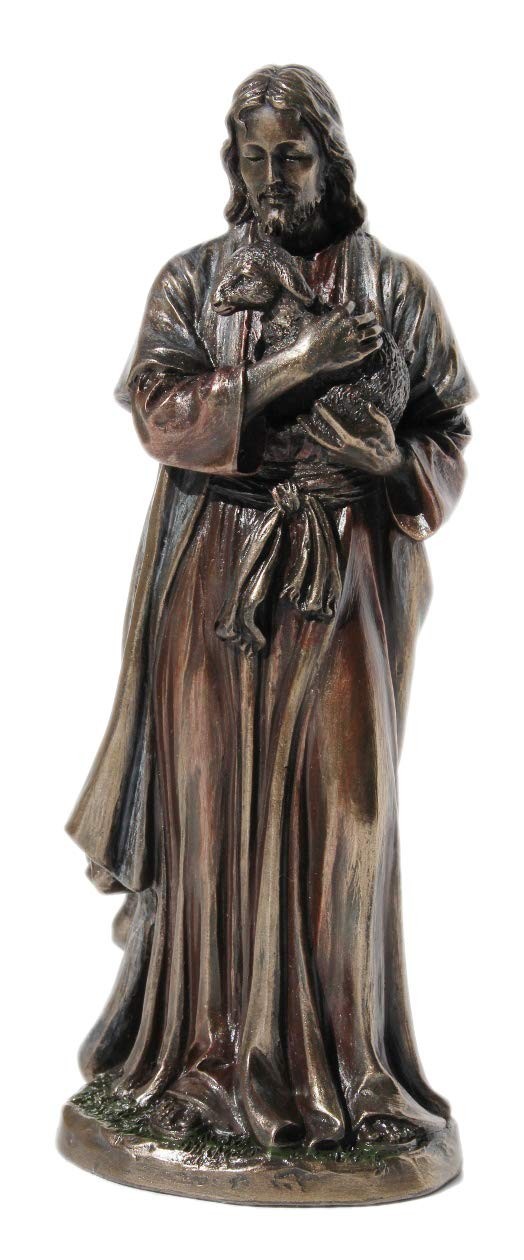 Estátua de Jesus com Cordeiro em Bronze Fundido Frio - 16,25 cm | Decoração Religiosa Refinada