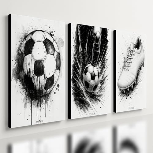 Kit 3 Quadros Decorativos Futebol Infantil - Design Premium para Quarto de Menino (40x28cm)