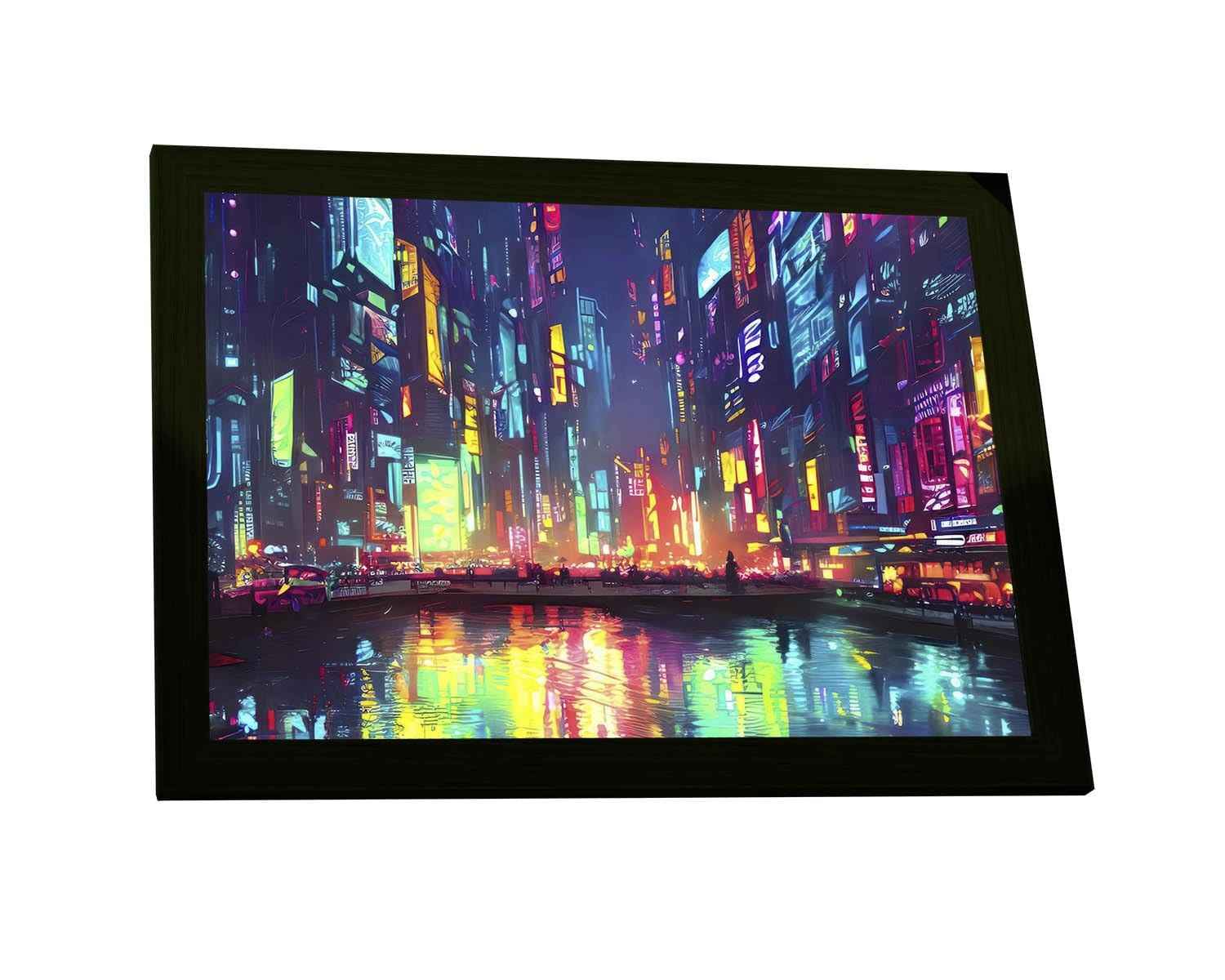 Quadro Decorativo A3 Cidade Futurista Luzes Neon Cyberpunk - Moldura Pronta para Pendurar