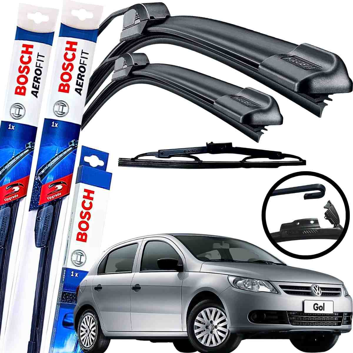 Kit Palhetas Limpador Parabrisa Bosch Aerofit Dianteira + Traseira para VW Gol G5/G6 (2009-2012)