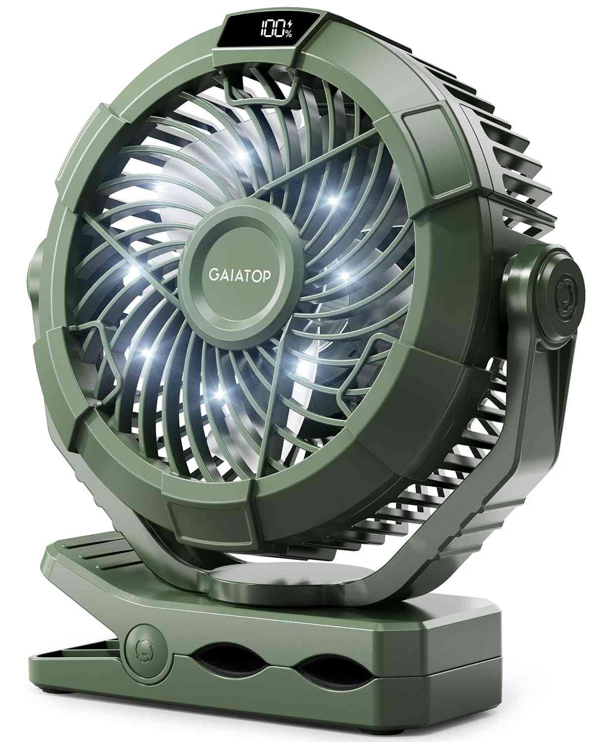 Gaiatop Ventilador Portátil Recarregável com Luz LED | 4000mAh, 3 Velocidades, Oscilação 360°