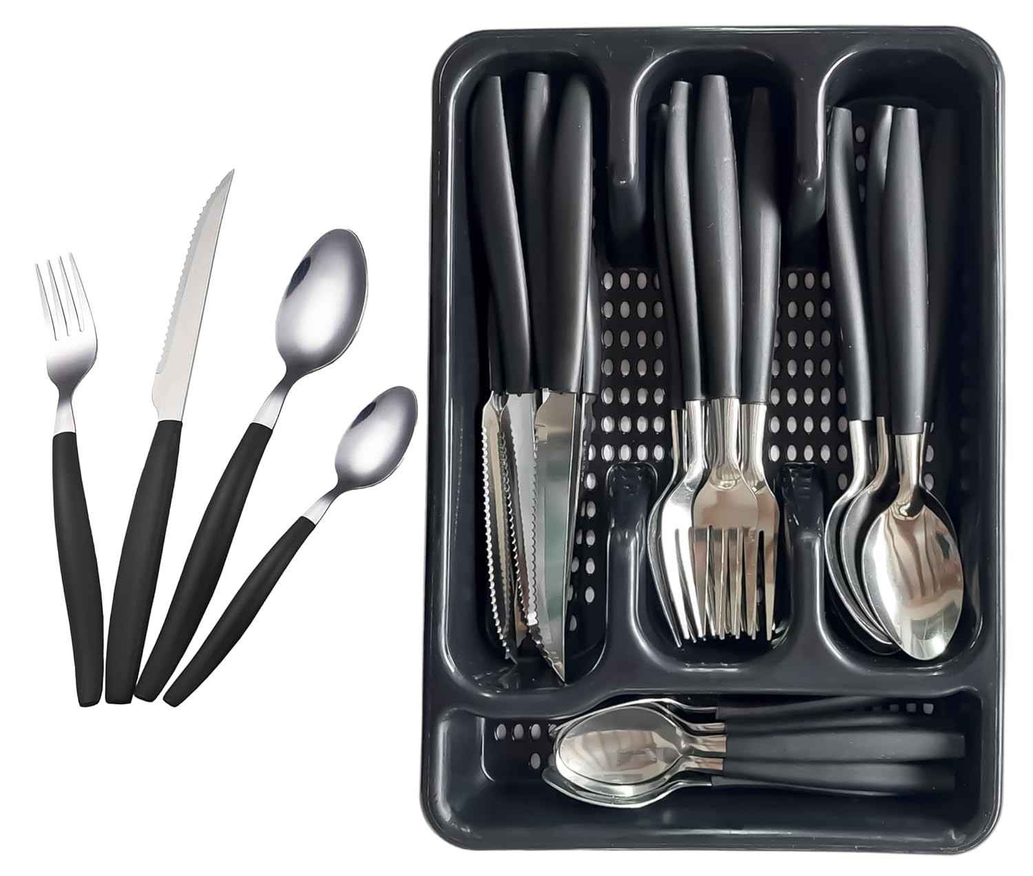 Jogo de Talheres em Aço Inox com Divisória - Kit Completo de Facas, Garfos e Colheres Premium (Preto)