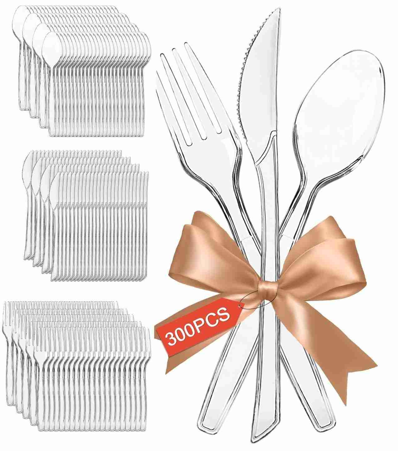 Conjunto de Utensílios Plásticos Transparentes Premium Heat - 300 Unidades (Facas, Garfos e Colheres)