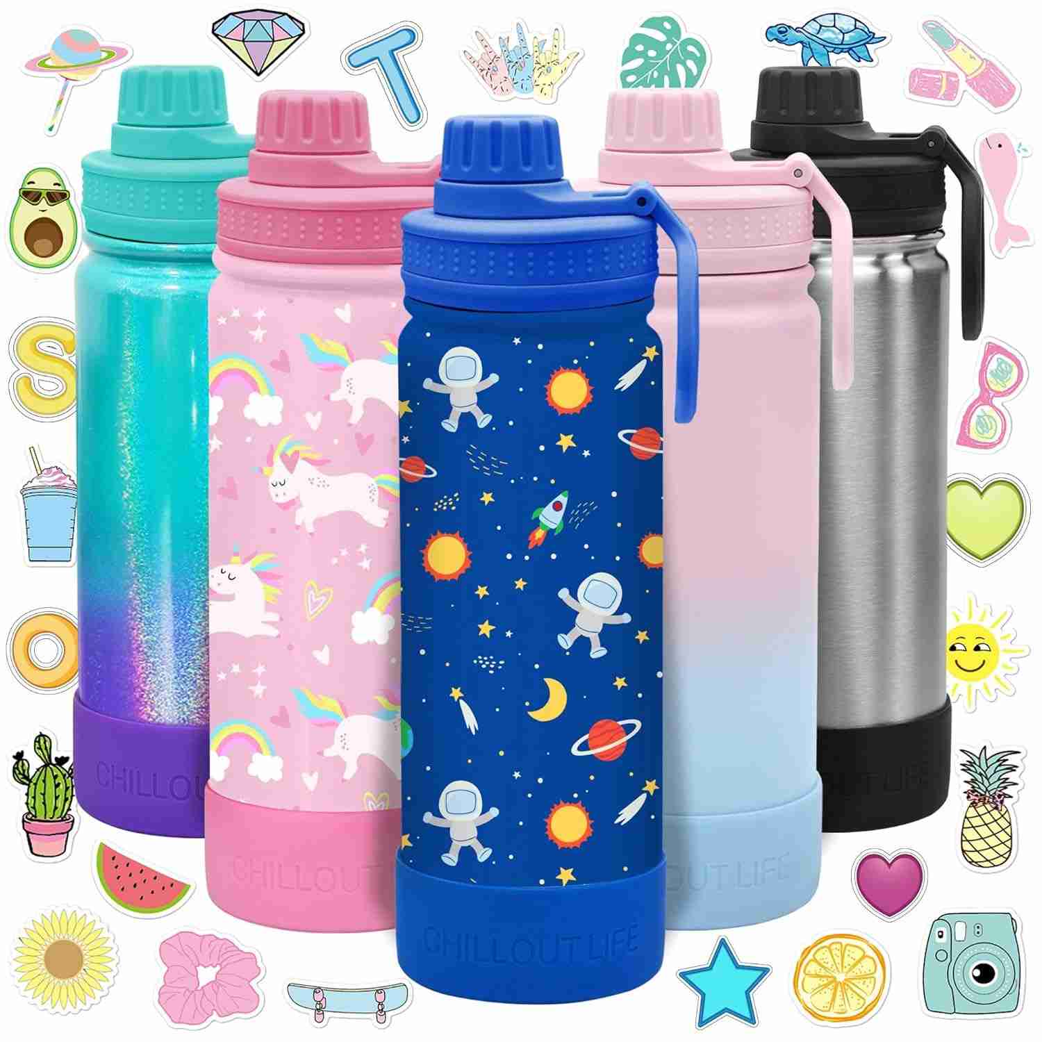 Garrafa Térmica Infantil 500ml CHILLOUT LIFE - Isolada, à Prova de Vazamento com Adesivos Personalizados