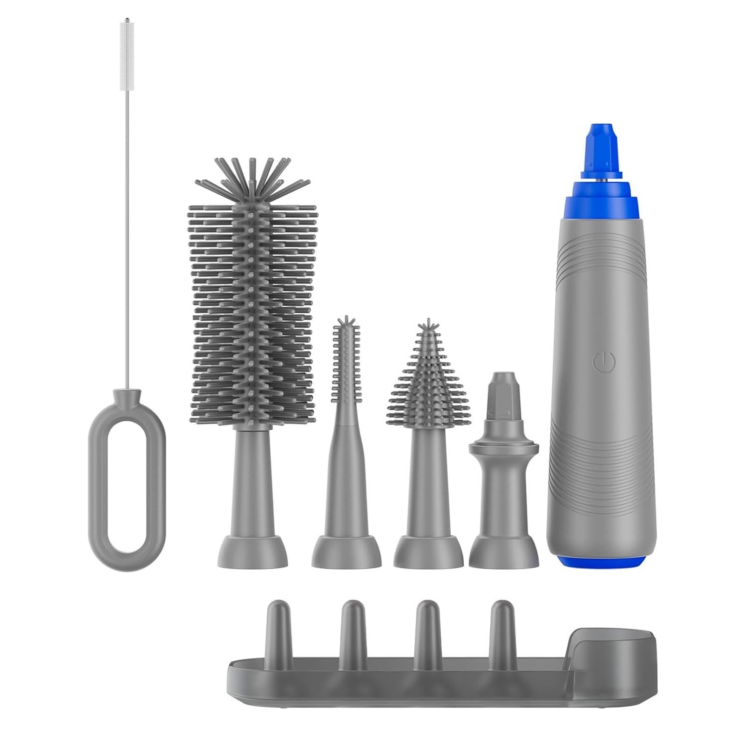 Escova de Garrafa Elétrica Recarregável com Conjunto de Escovas de Silicone - Sistema de Limpeza Automático com Suporte e Cabo Extensível