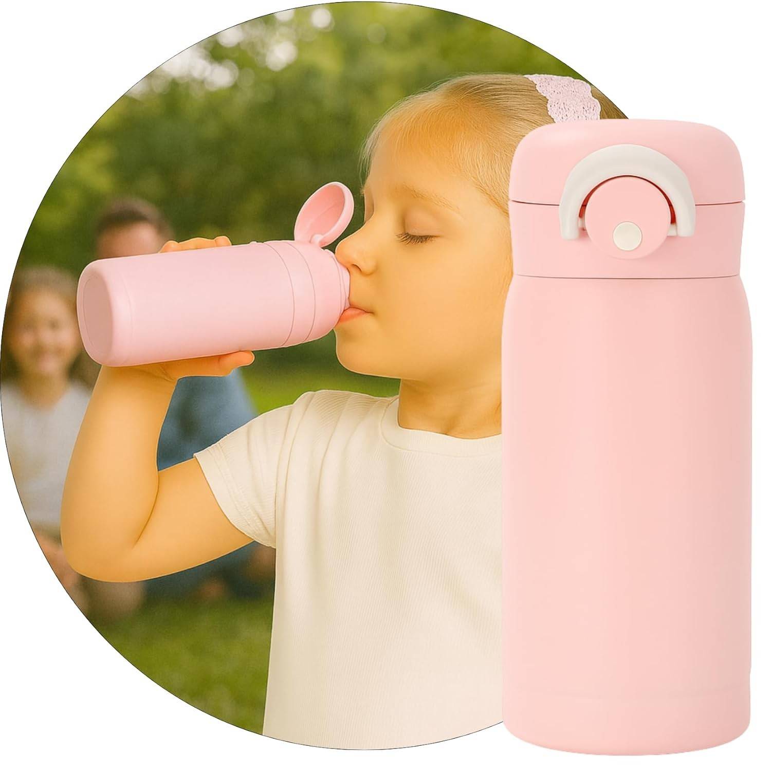 Garrafa Térmica Rosa 350ml - Parede Dupla Inox com Tampa Abre e Fecha Fácil