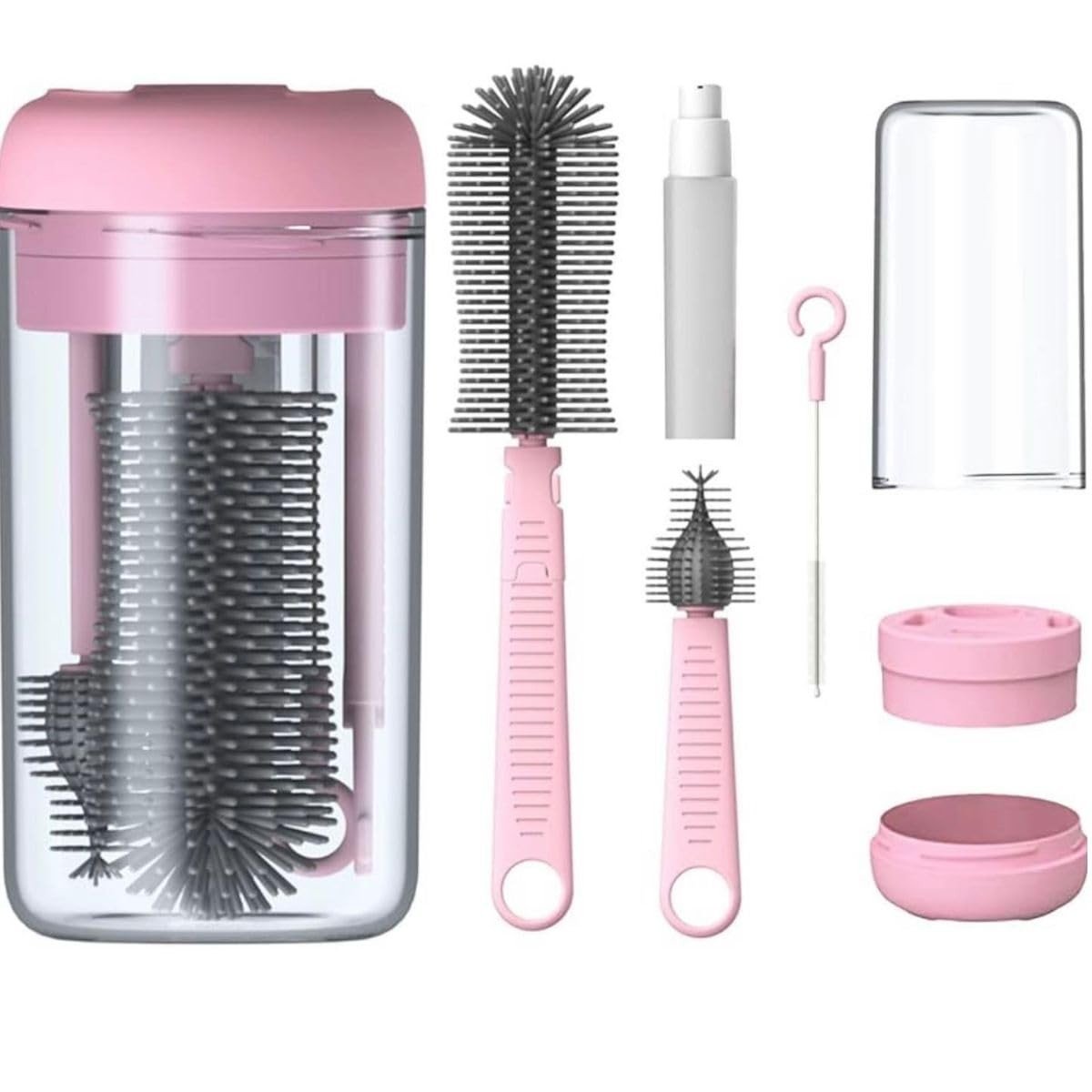 Kit Escova de Higiene 4 em 1 para Copos, Garrafas e Mamadeiras - Rosa