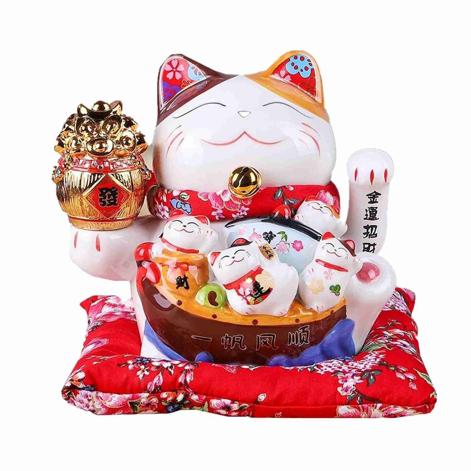 Gato da Sorte Maneki Neko Cerâmica Branca 18cm - Amuleto da Prosperidade Japonês